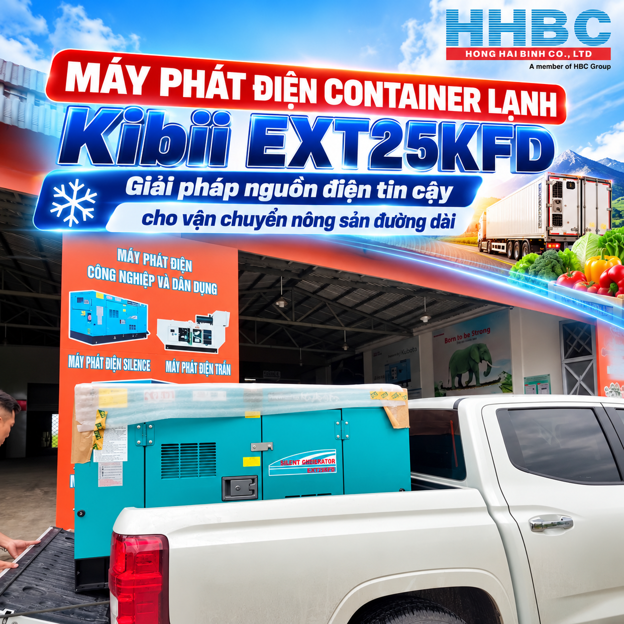 Máy phát điện container lạnh KiBii EXT25KFD 25KVA – Giải pháp nguồn điện tin cậy cho vận chuyển nông sản đường dài